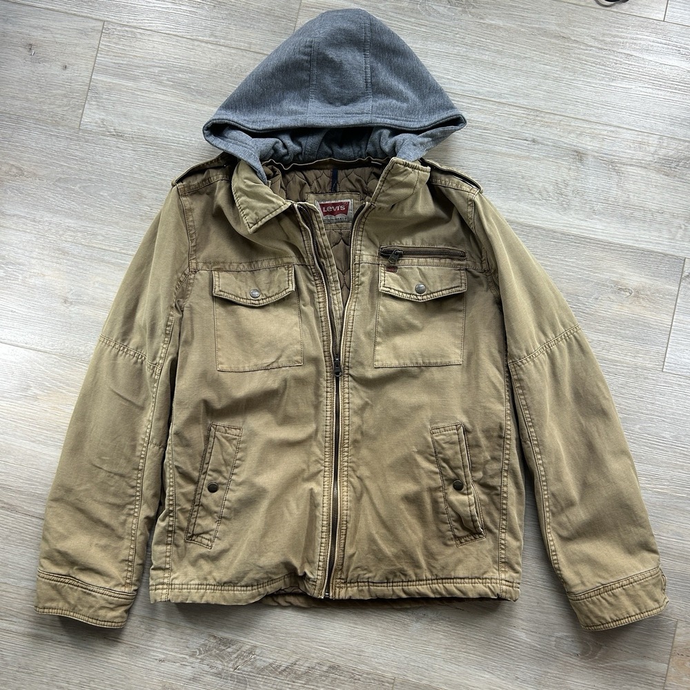 Levis Jacket Mens Large Brown Hooded Quilted Lined Military Trucker Coat Utility